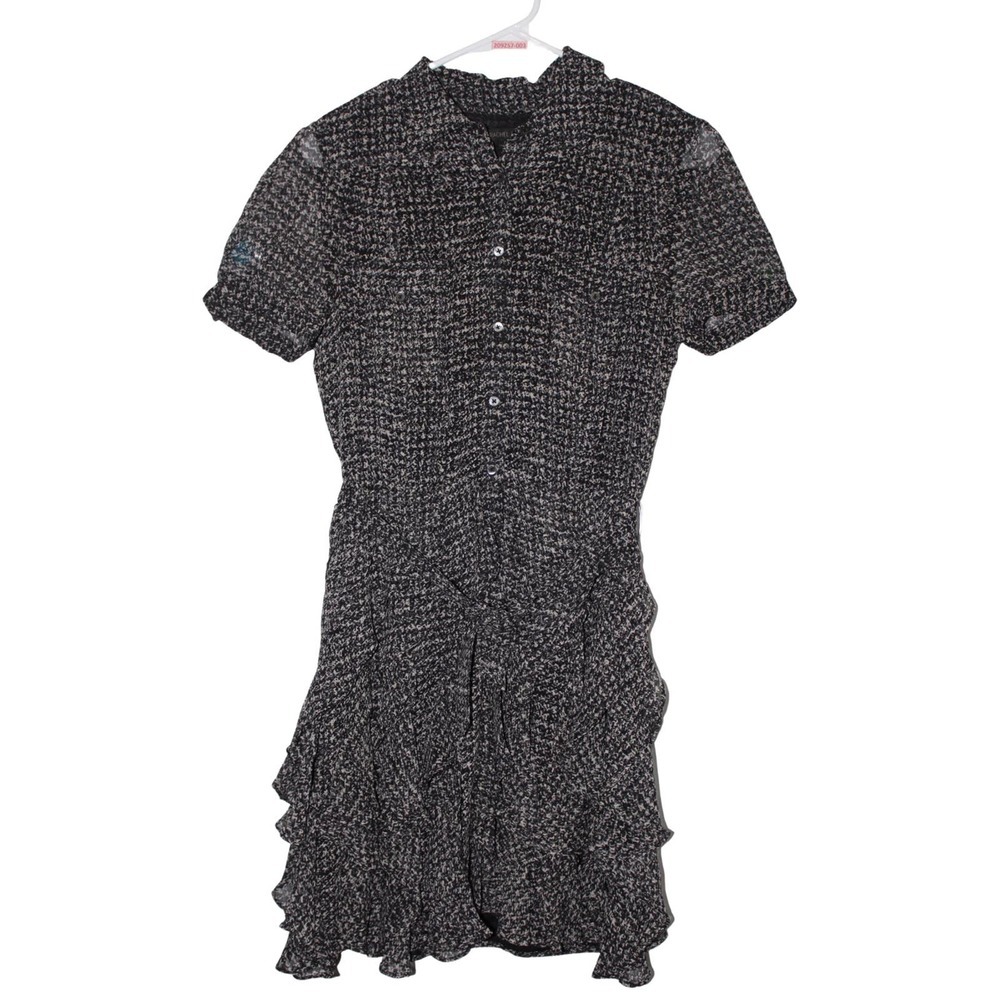 Womens Rachel Zoe Black Gray Silk Casual Short Sleeve Ruffle Belted Dress Size 4